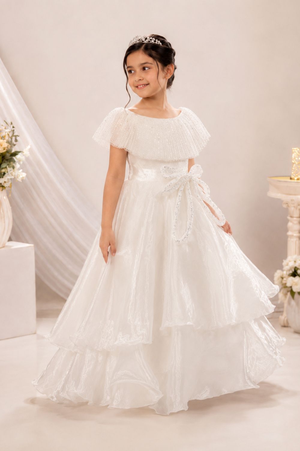 Girls White Layered Party Gown with Sequin Cape Collar & Statement Bow