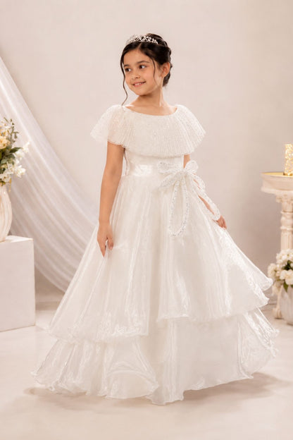 Girls White Layered Party Gown with Sequin Cape Collar & Statement Bow