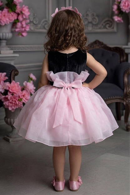 Girls Pink & Black Bow Detail Party Frock