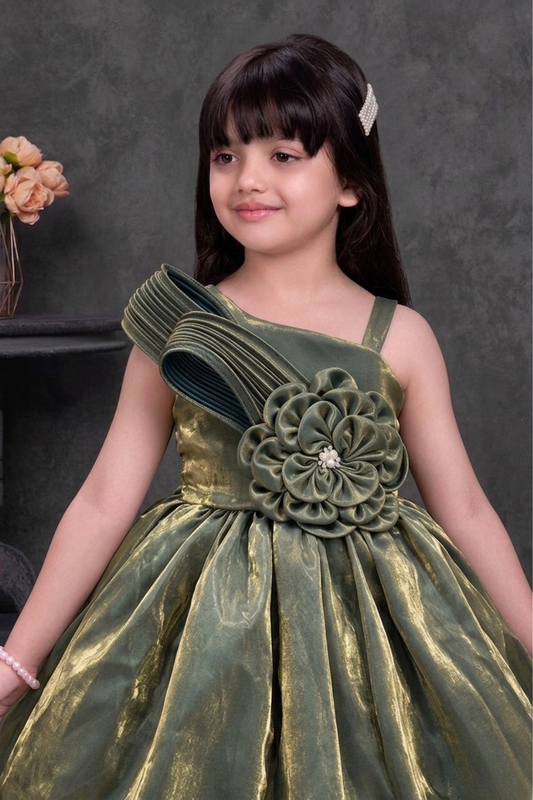 Girls Olive Green Floral One Shoulder Party Frock