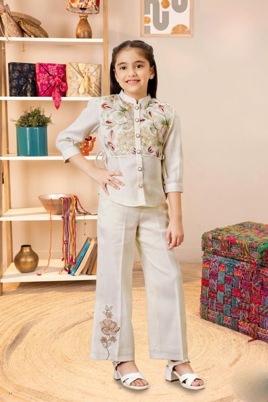 Beige Khadi Cotton Embroidered Co-Ord Set for Girls