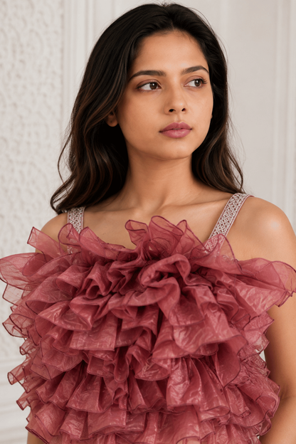 Girls Onion Ruffle Organza Top with Ivory Wide-Leg Palazzo Co-Ord Set