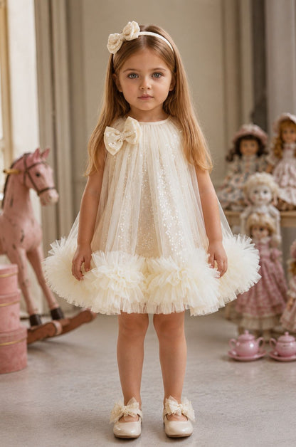 Girls Cream Sequin Tulle Party Frock with Statement Bow & Ruffle Hem