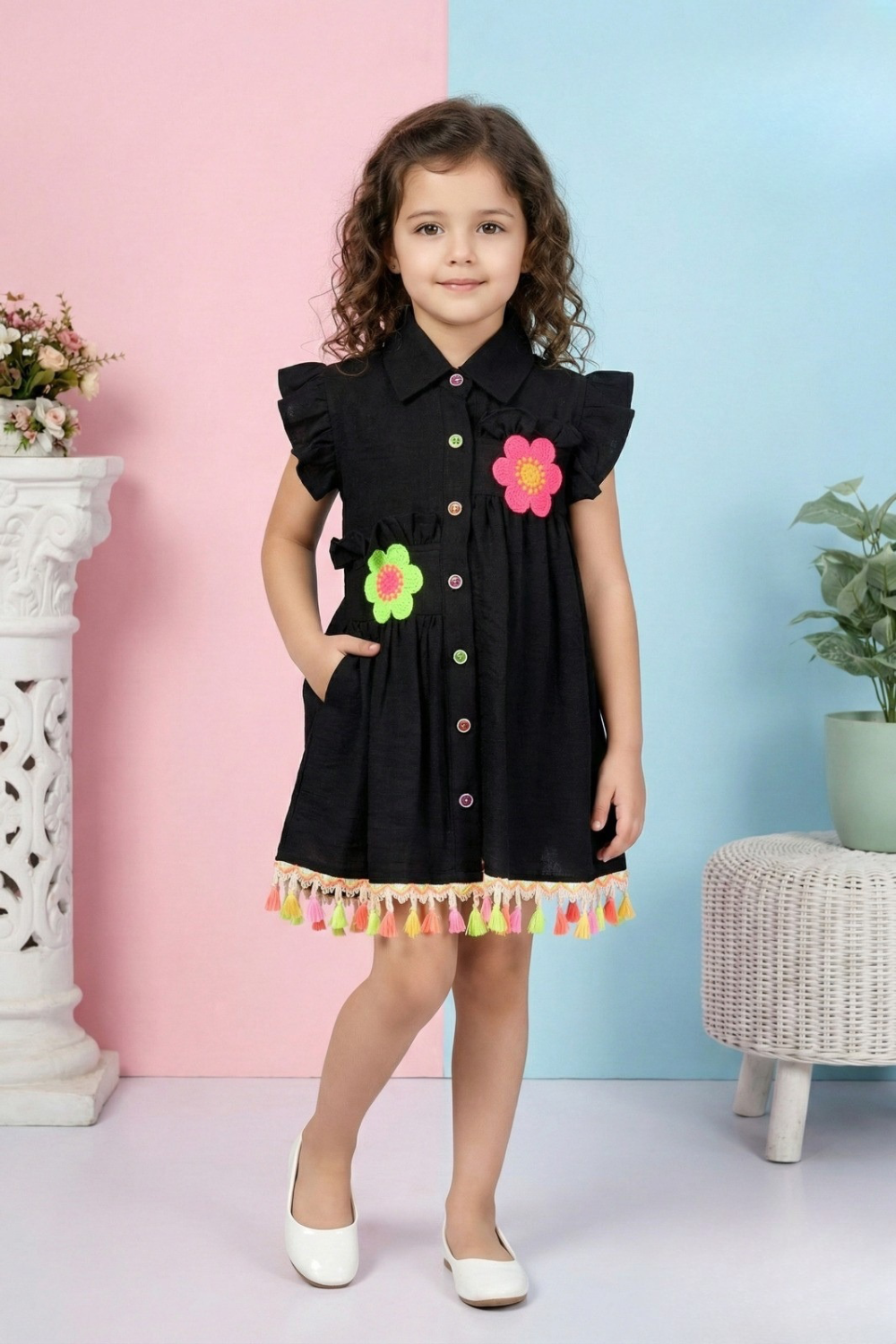Black Floral Appliqué Dress for Girls