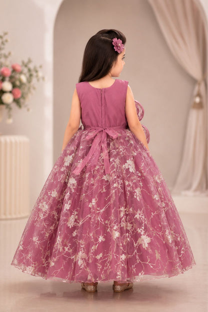 Girls Dusty Rose Floral Embroidered Party Gown with Statement Bow Appliqué