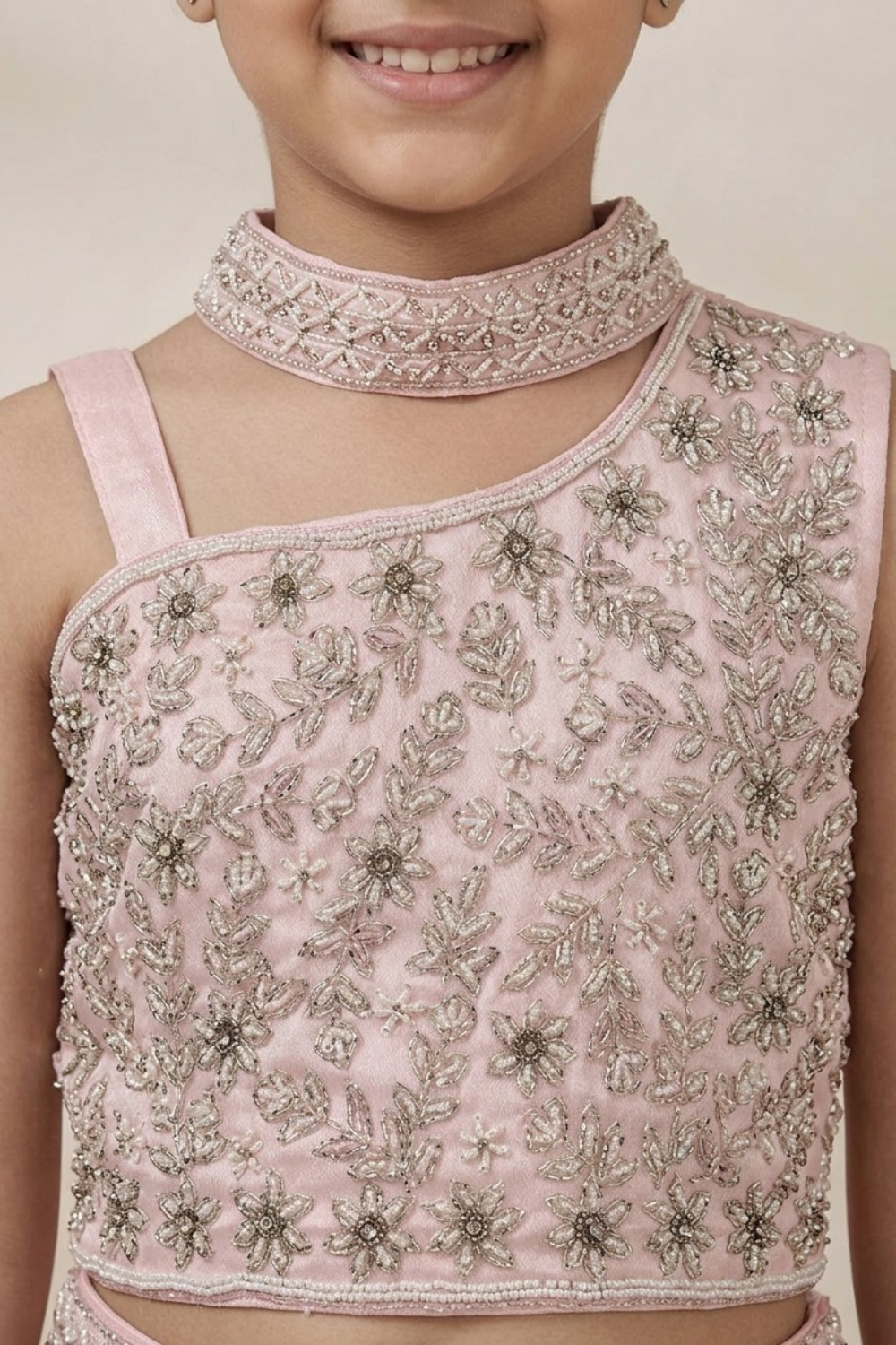 Baby Pink Pure Chinon Embroidered Crop Top & Palazzo Set for Girls
