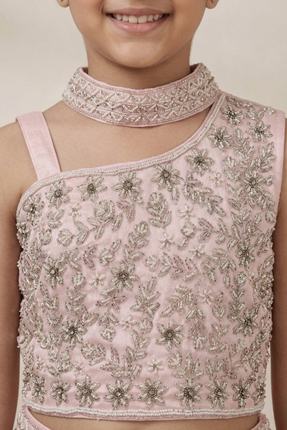 Baby Pink Pure Chinon Embroidered Crop Top & Palazzo Set for Girls