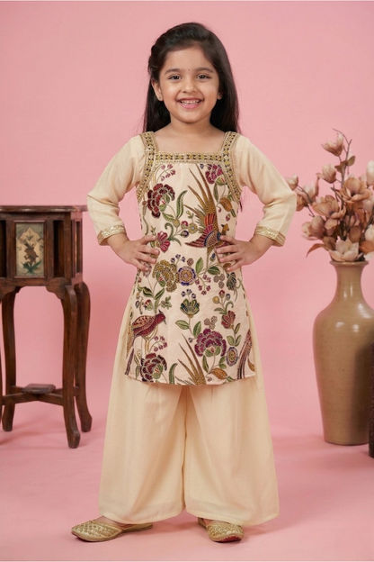 Ivory Embroidered Top & Palazzo Set with Dupatta for Girls