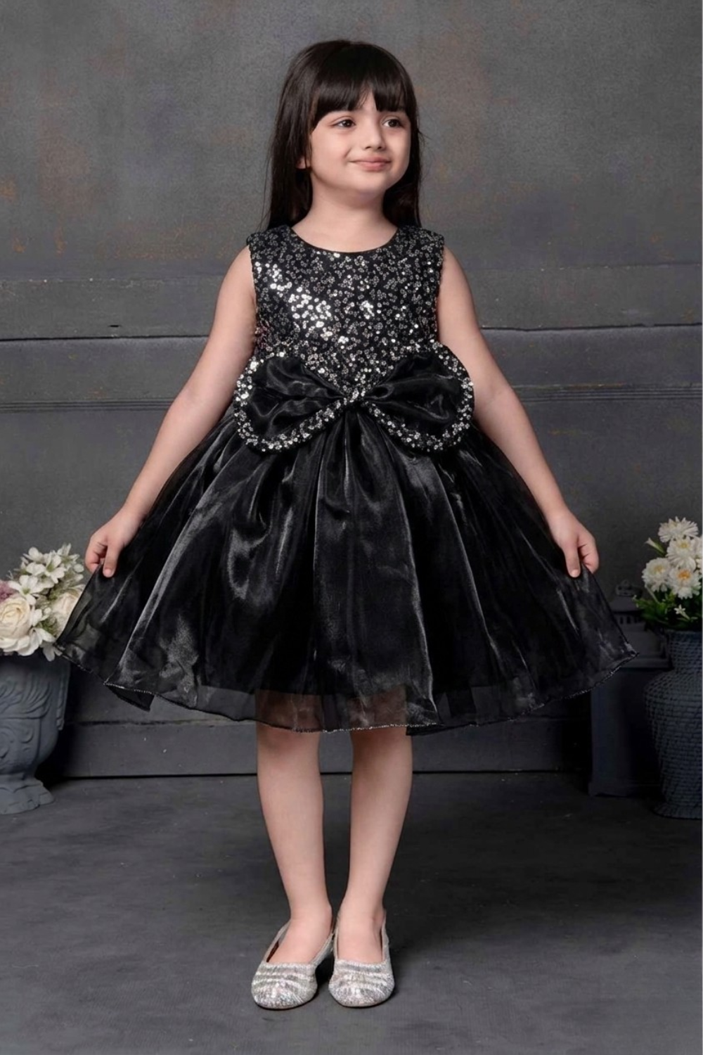 Black Sequin Embellished Party Frock with Statement Bow