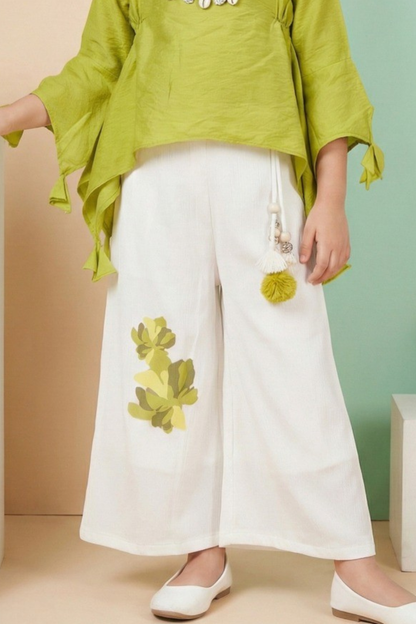 Lime Green Asymmetric Top & White Palazzo Set for Girls – Chic Western Co-ord