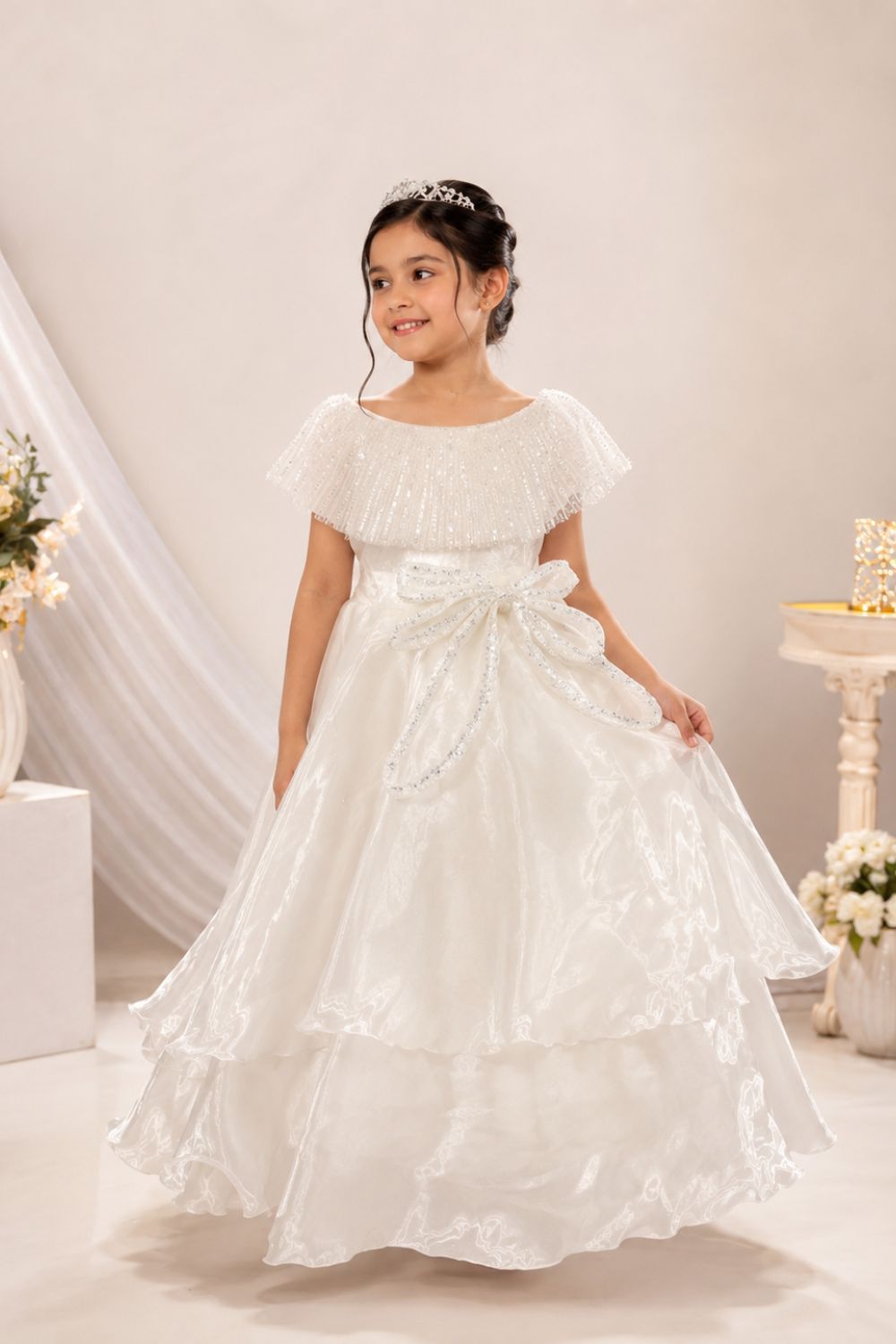Girls White Layered Party Gown with Sequin Cape Collar & Statement Bow