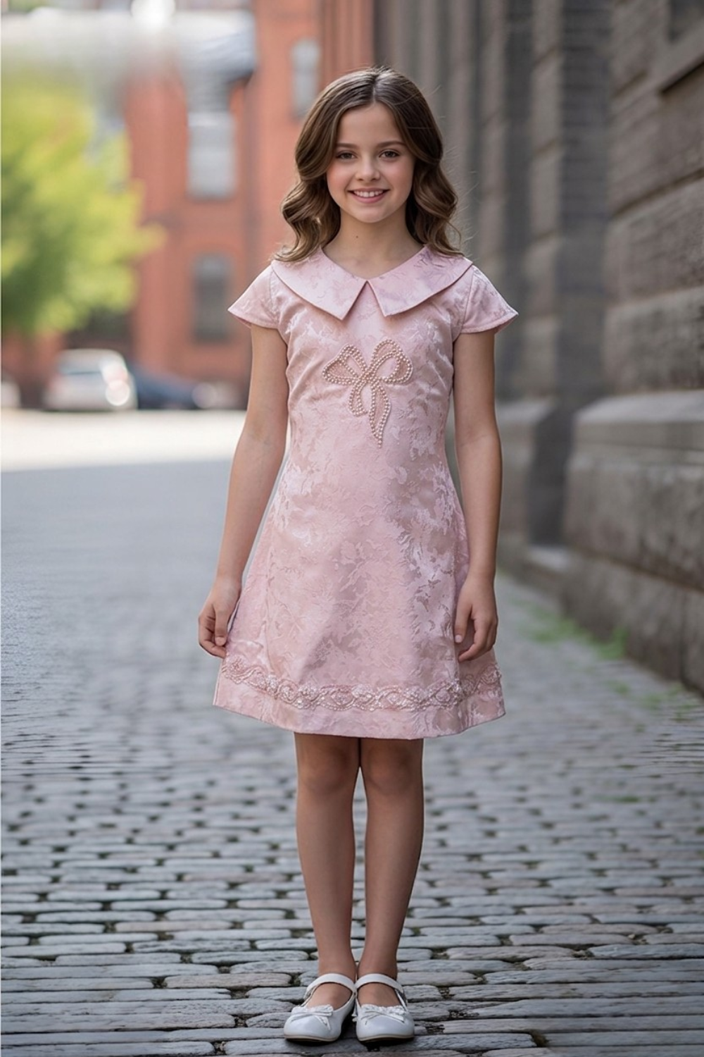 Blush Pink Dress with Pearl Bow Detail for Girls