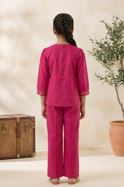 Raspberry Pink Embroidered Top & Straight Pant Set for Girls