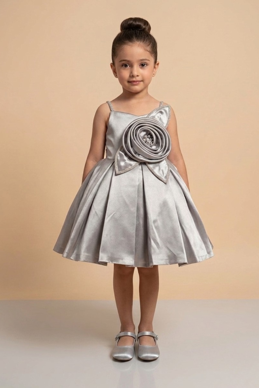 Silver Satin Party Frock with Statement Floral Applique