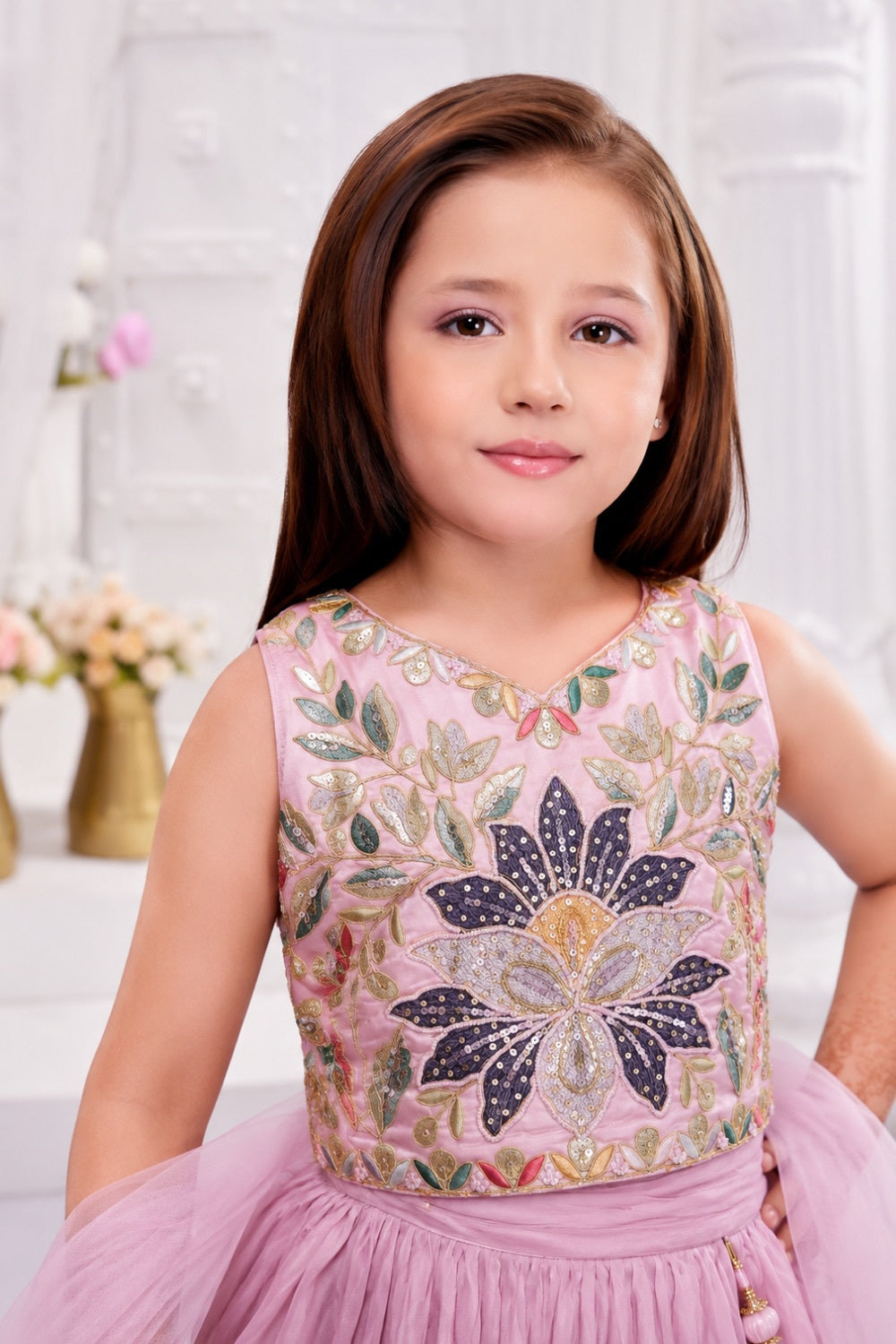 Girls Pink Embroidered Lehenga Choli Set