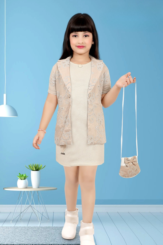 Beige Embroidered Dress with Jacket & Sling Bag Set for Girls