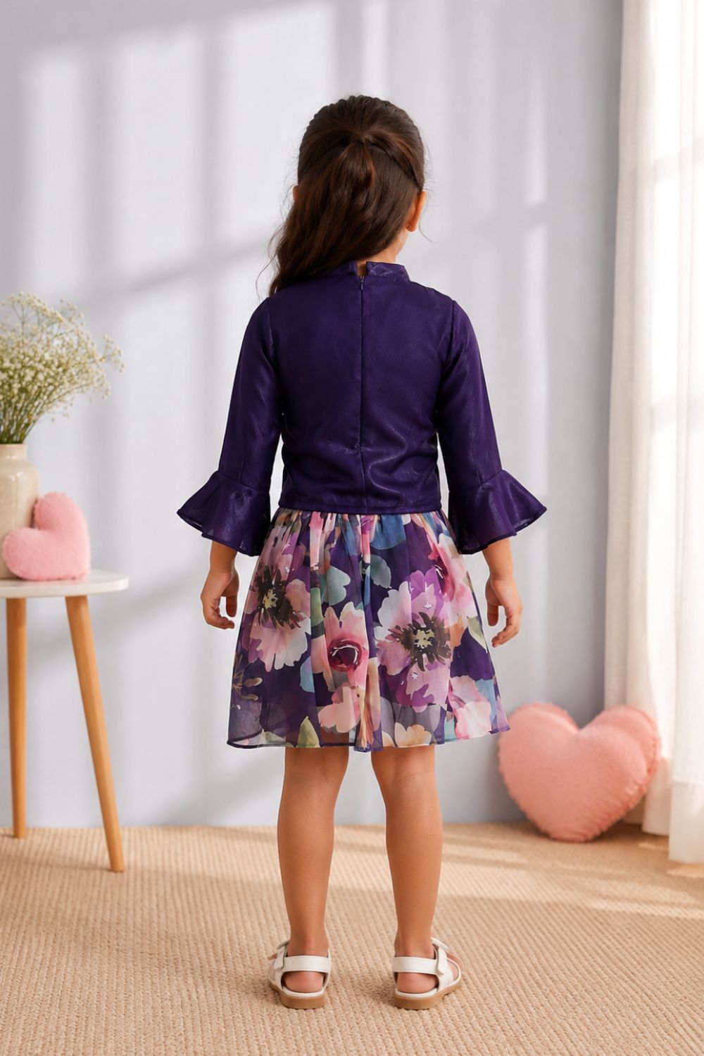 Girls Purple Ruffle Top & Floral Printed Skirt Co-Ord Set