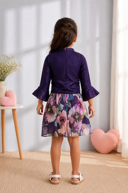 Girls Purple Ruffle Top & Floral Printed Skirt Co-Ord Set