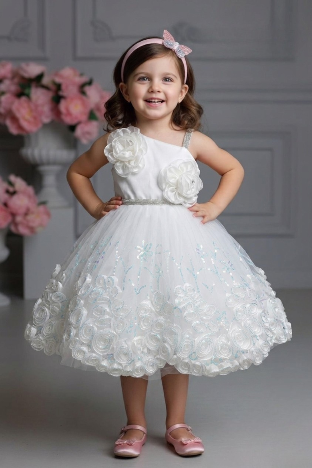Girls White Floral Embellished Party Frock