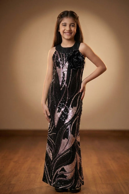 Girls Black Sequin Fish Cut Party Gown with Detachable Sheer Sleeves & 3D Floral Appliqué
