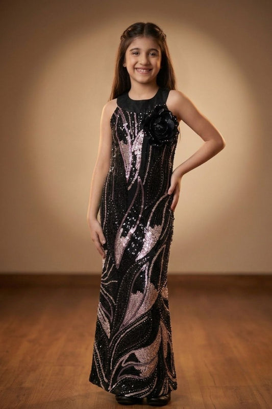 Girls Black Sequin Fish Cut Party Gown with Detachable Sheer Sleeves & 3D Floral Appliqué