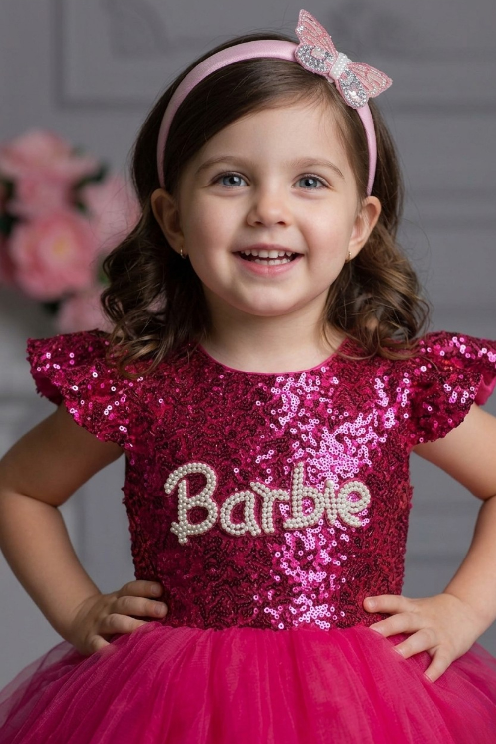 Girls Hot Pink Sequin Barbie Party Frock