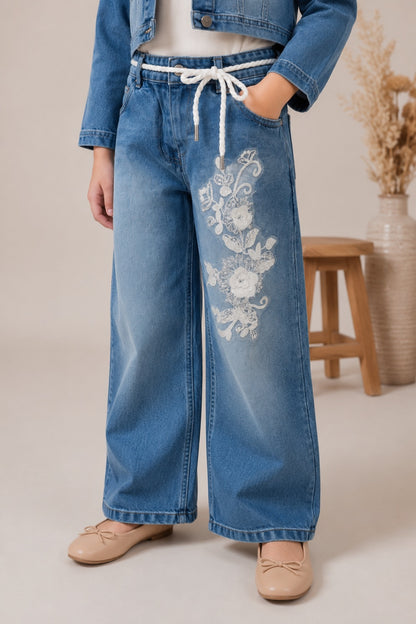 Girls Blue Denim Embroidered Co-Ord Set with White Inner Top (3-Piece Set)
