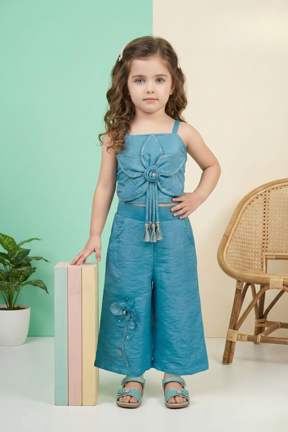 Teal Blue Floral Appliqué Palazzo Set for Girls – Elegant Western Co-ord