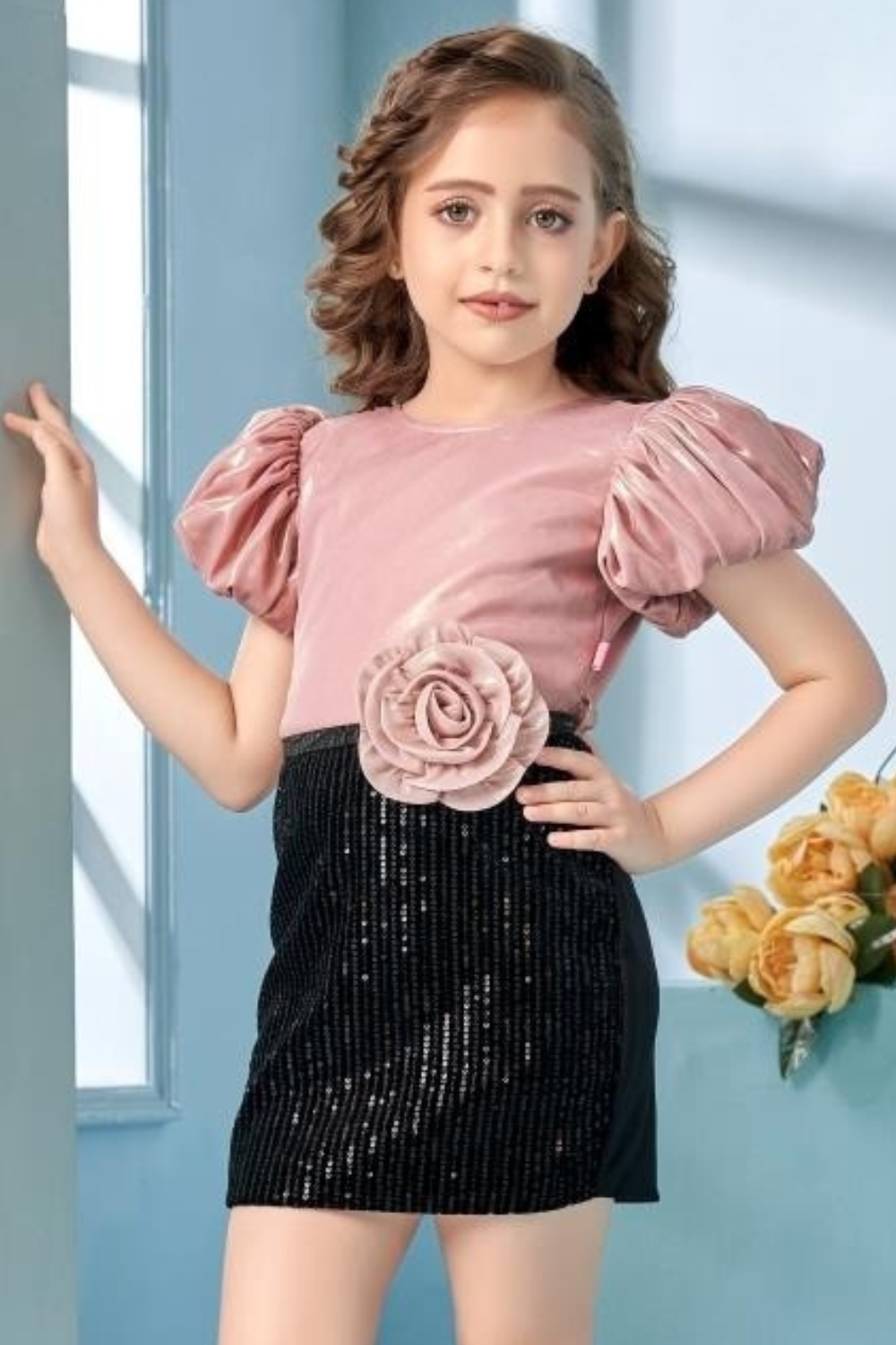 Blush Pink & Black Body Fit Sequin Party Dress for Girls