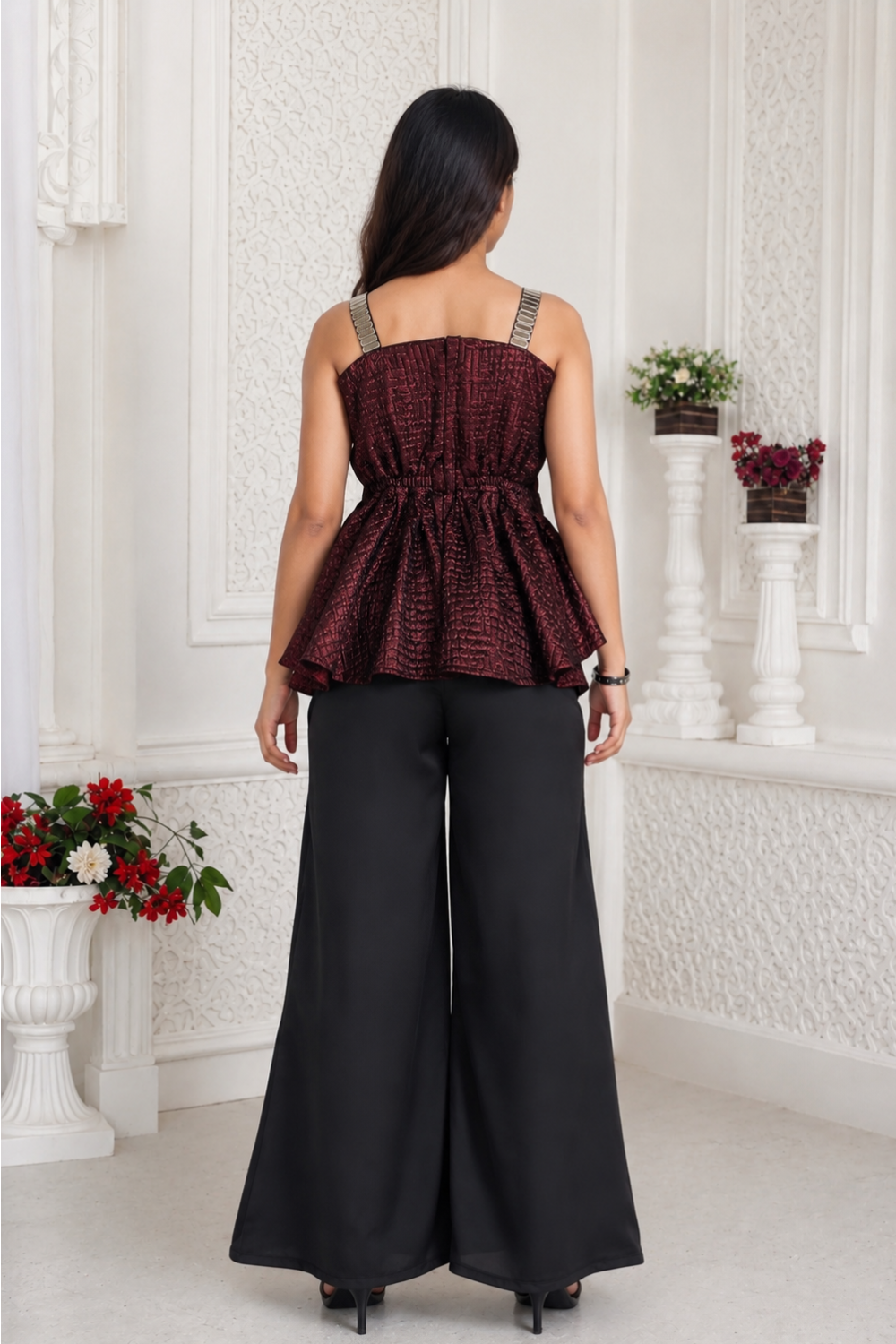 Girls Wine Textured Peplum Co-Ord Set