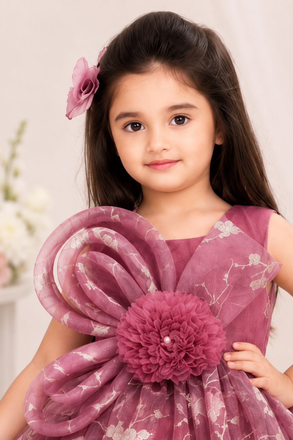 Girls Dusty Rose Floral Embroidered Party Gown with Statement Bow Appliqué
