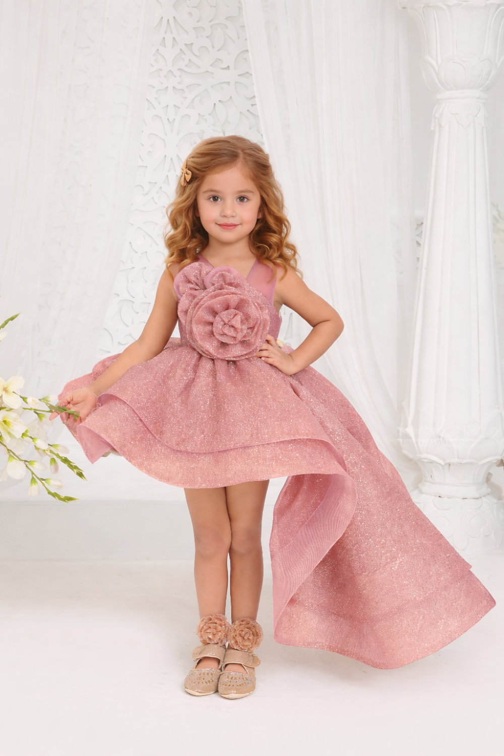 Girls Dusty Pink Glitter Rose Party Frock with Side Tail