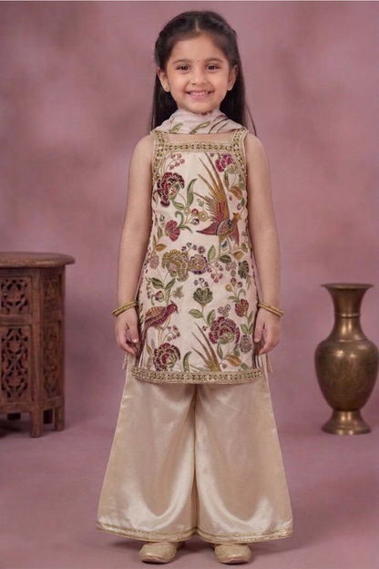 Ivory Embroidered Top & Palazzo Set with Dupatta for Girls