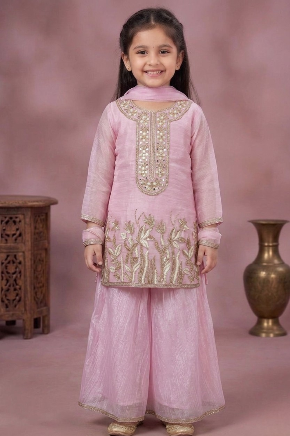 Blush Pink Embroidered Kurta Set with Palazzo & Dupatta