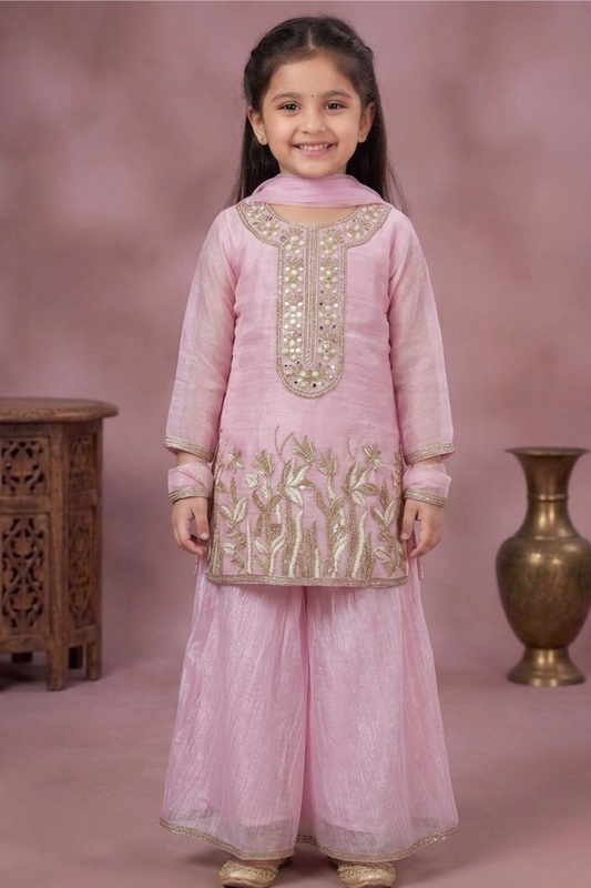 Blush Pink Embroidered Kurta Set with Palazzo & Dupatta