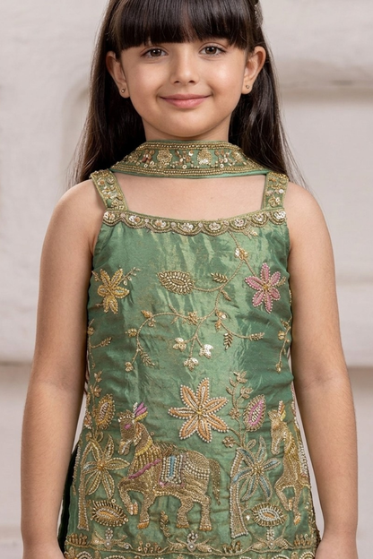 Emerald Green Embroidered Kurta Set with Palazzo & Dupatta