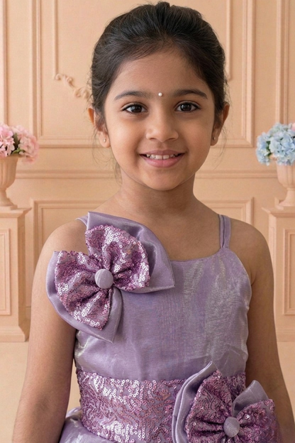 Lilac Shimmer Party Frock with Sequin Bow Embellishments