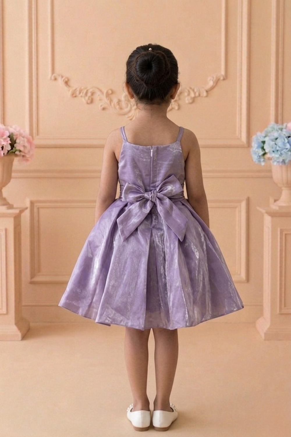 Lilac Shimmer Party Frock with Sequin Bow Embellishments