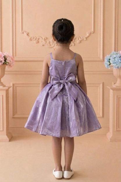 Lilac Shimmer Party Frock with Sequin Bow Embellishments