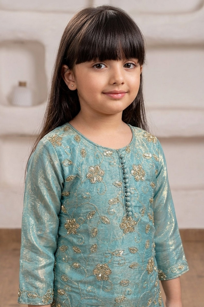 Sea Green Embroidered Kurta & Dhoti Pant Set for Girls
