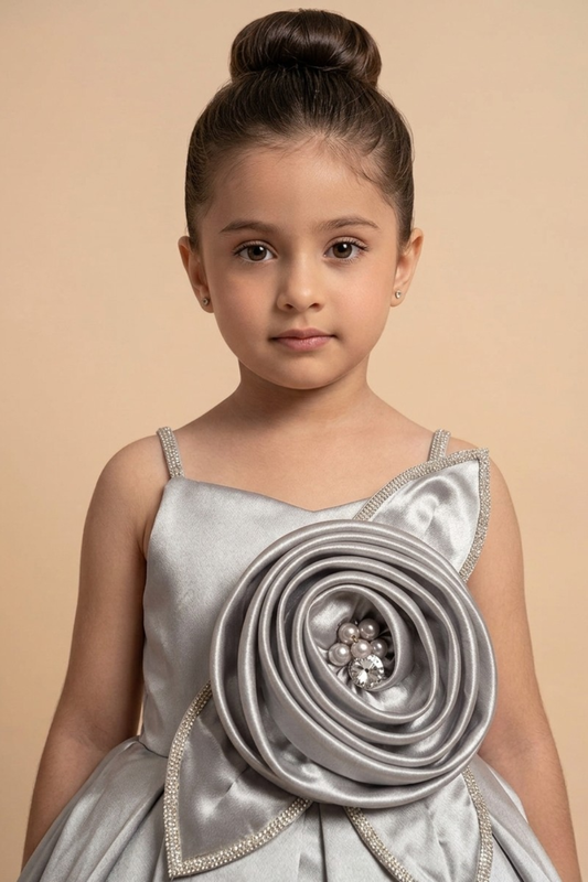 Silver Satin Party Frock with Statement Floral Applique