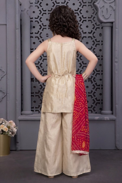 Ivory Chinon Kurta Palazzo Set for Girls with Bandhani Dupatta