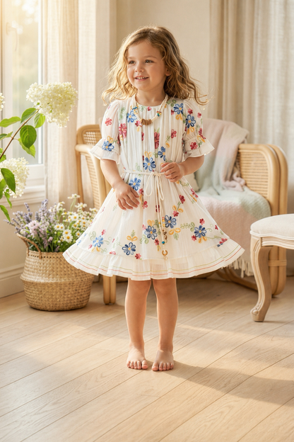 Cream Floral Embroidered Flared Dress for Girls