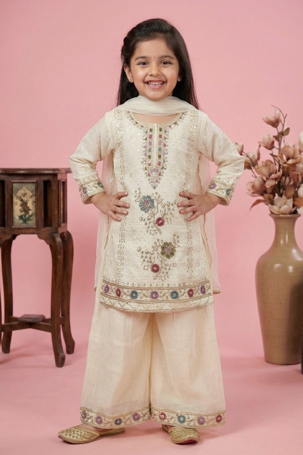 Ivory Chinon Embroidered Kurta & Palazzo Set for Girls with Dupatta