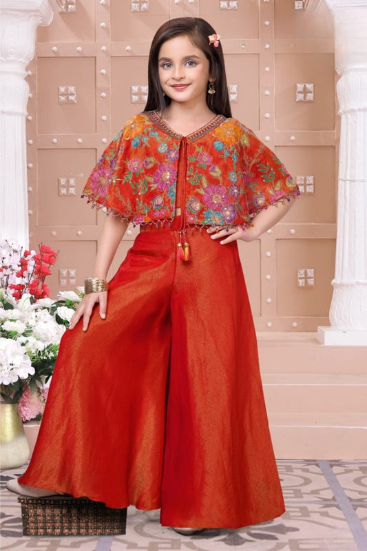 Girls Rust Red Floral Embroidered Cape Palazzo Set