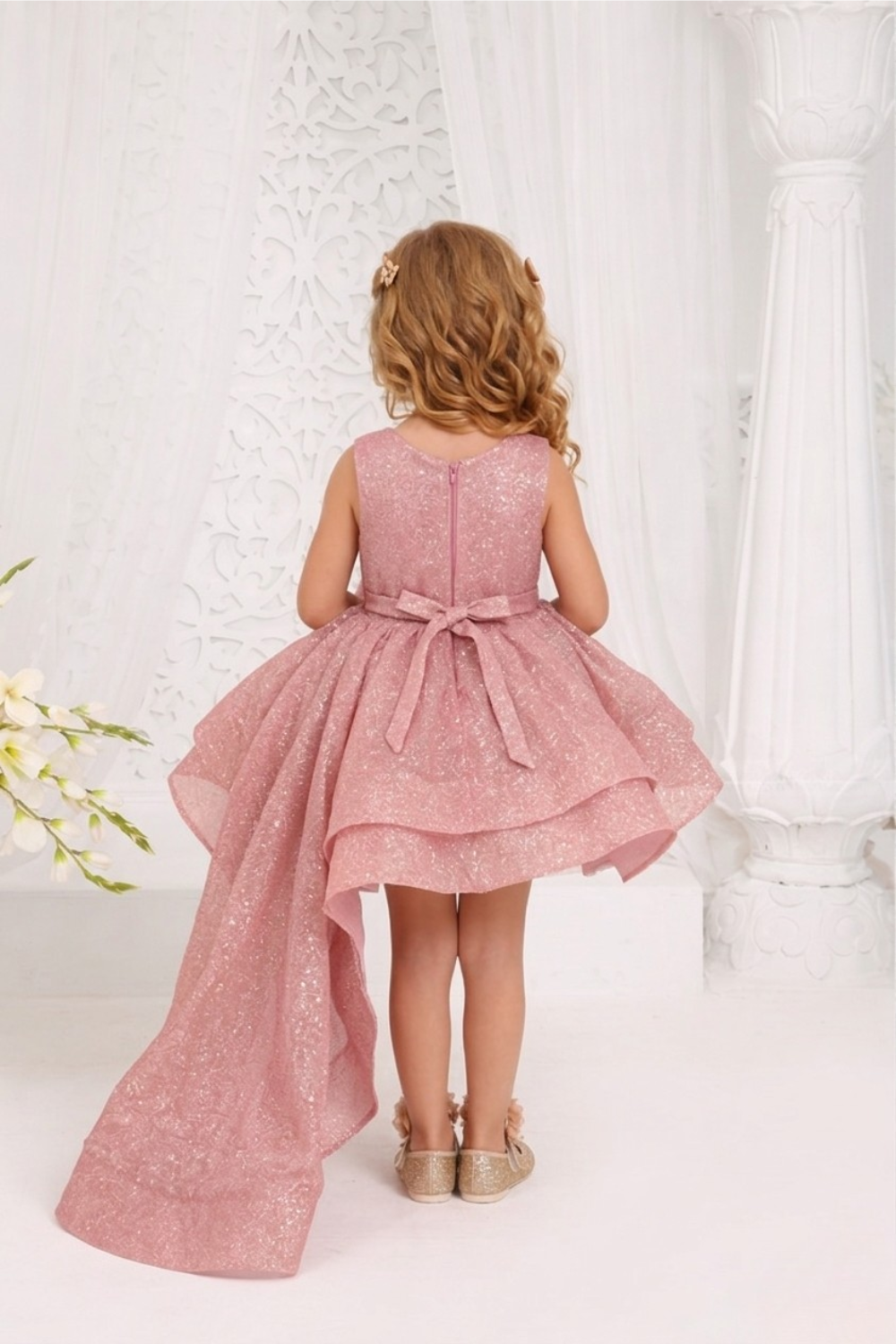 Girls Dusty Pink Glitter Rose Party Frock with Side Tail