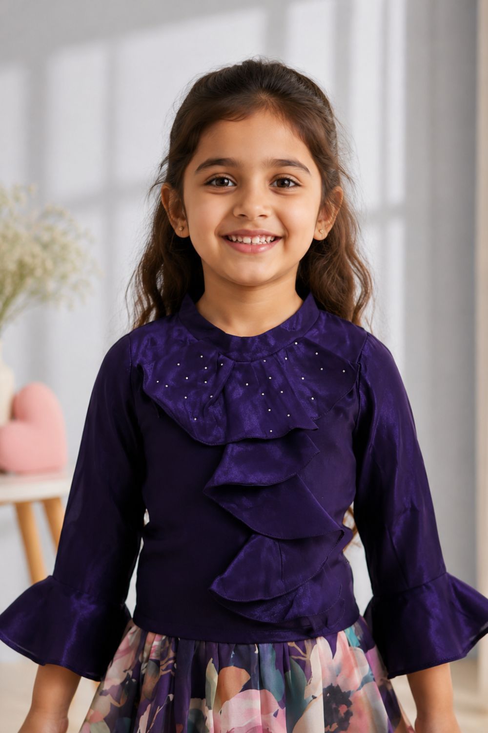 Girls Purple Ruffle Top & Floral Printed Skirt Co-Ord Set