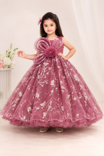 Girls Dusty Rose Floral Embroidered Party Gown with Statement Bow Appliqué