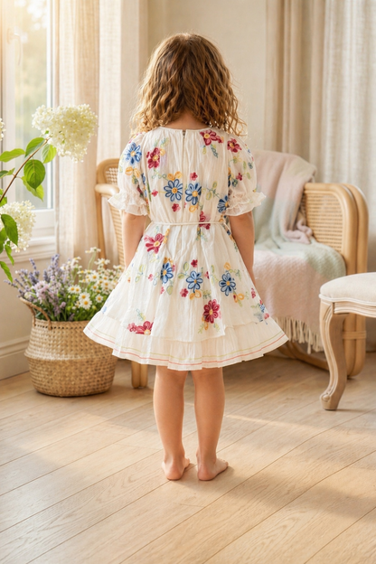 Cream Floral Embroidered Flared Dress for Girls