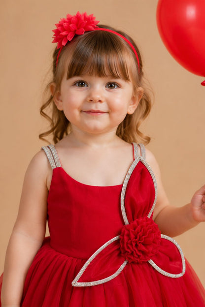 Girls Red Floral Appliqué Party Frock